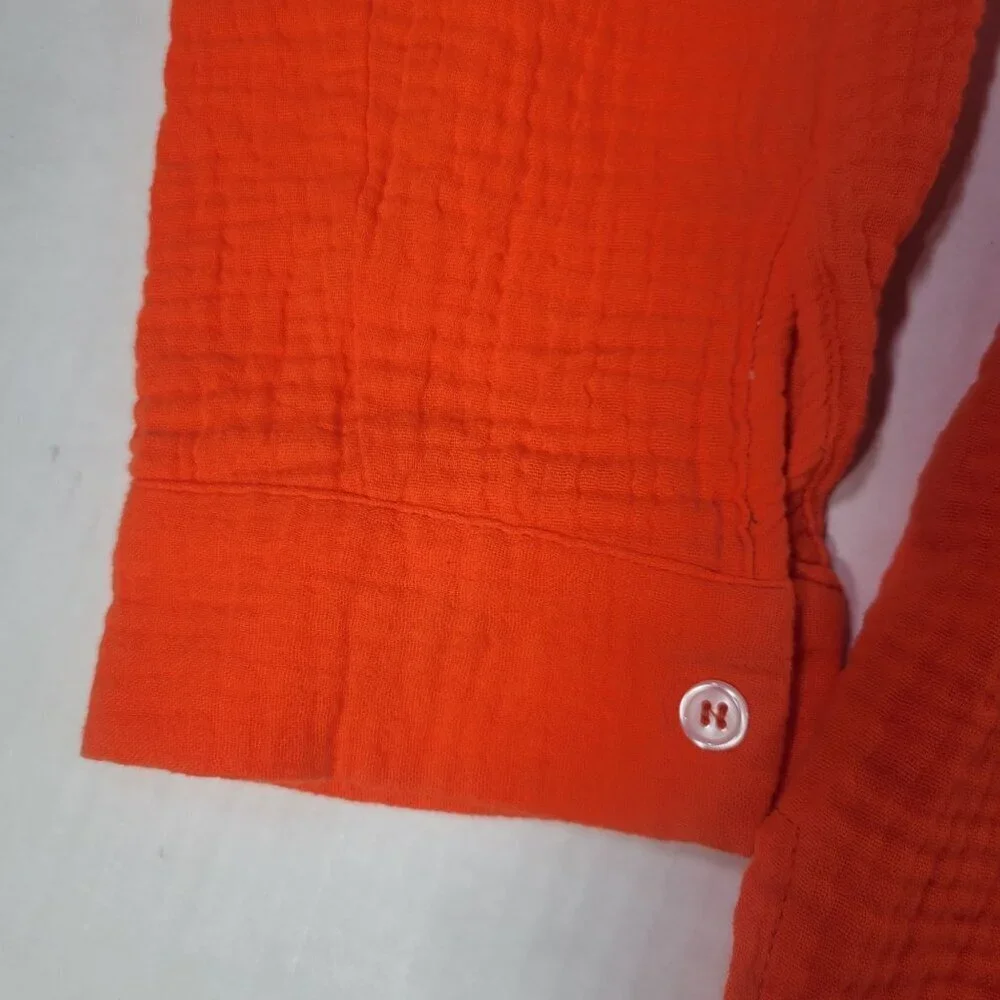 Women Orange Button-Up Shirt 100% Cotton Long Sleeve Collared Size M